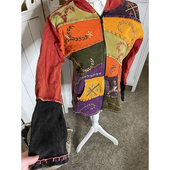 New! Hippie Boho Nepal Hoodie Sweatshirt Womens Medium Colorful Patchwork - Picture 2 of 6